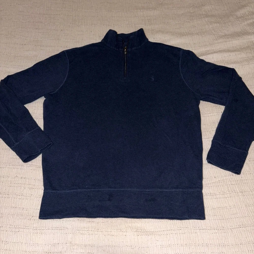 Polo Ralph Lauren Mens Navy Blue Herringbone Quarter Zip Pullover Small‎